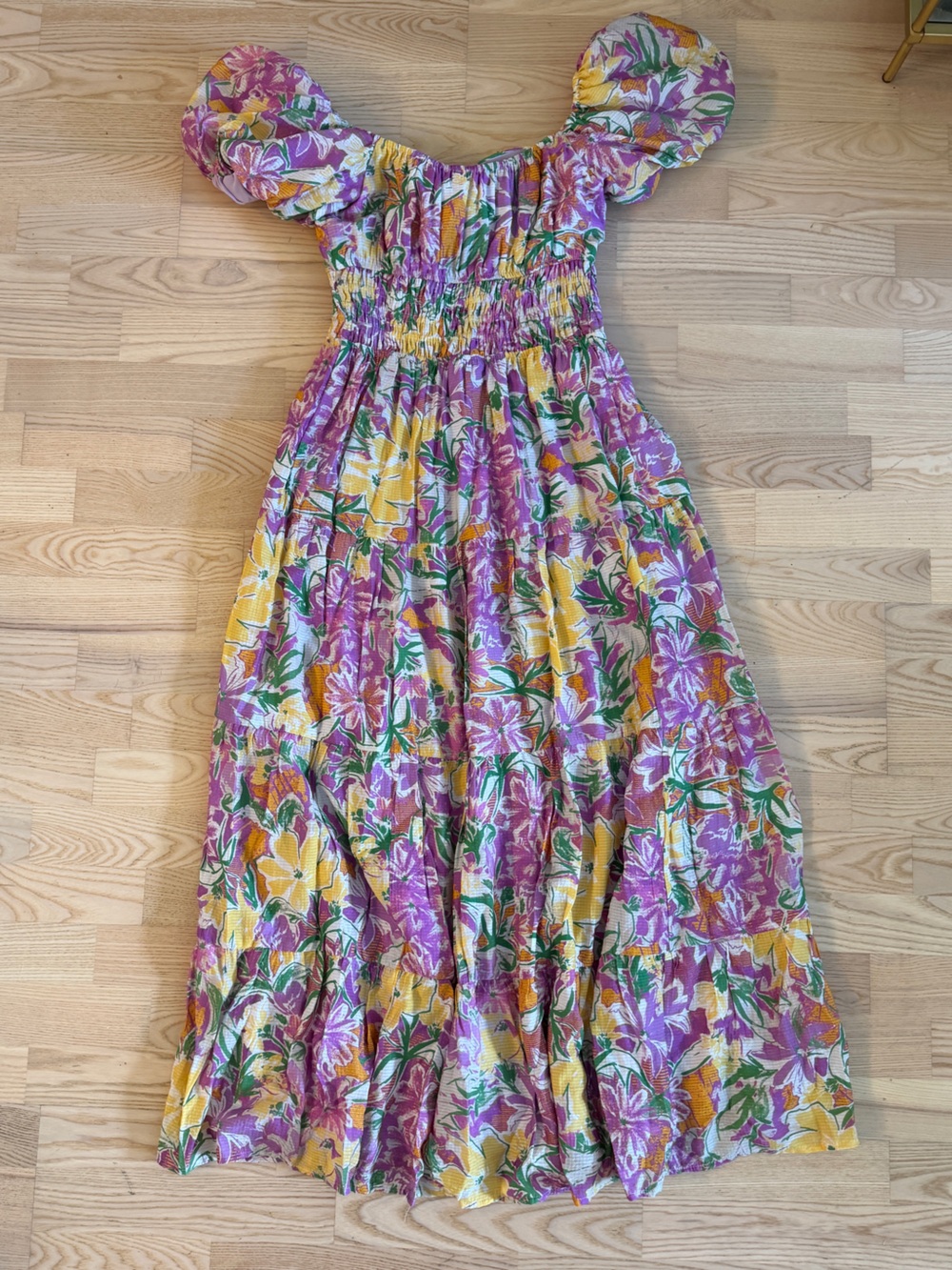 Astr Florentina Floral Puff-Sleeve Midi Dress in Pink, Orange, Yellow and Green - Picture 14 of 14